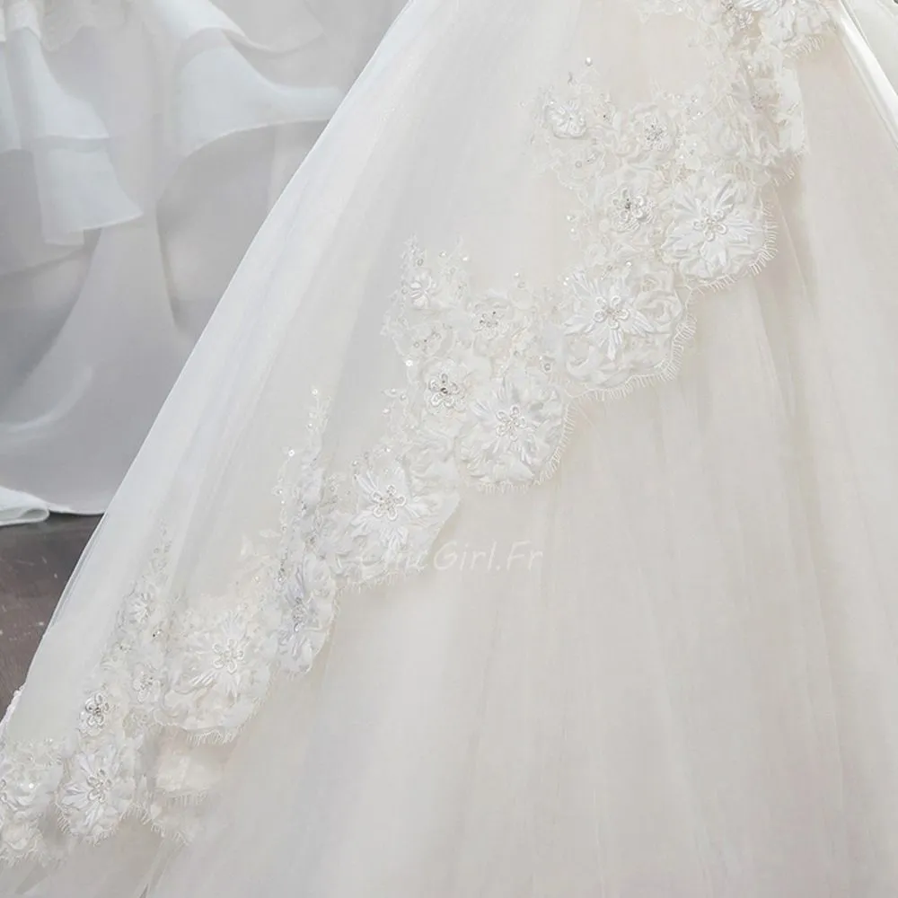 Robe Fille Mariage Princesse Tulle Dentelle Manche Avec Noeud